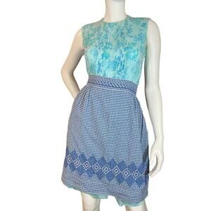 1950s Blue Cotton Half Apron Cross Stitch Cottagecore Vintage